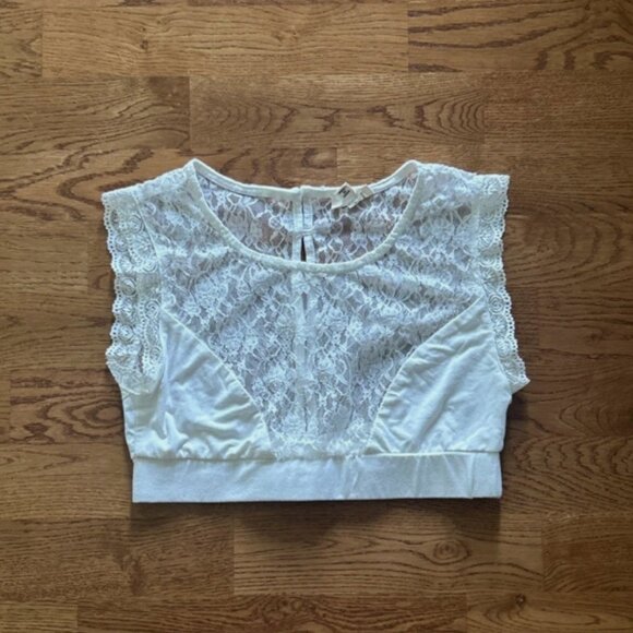 POL Women's Ivory Lace Crop Top Button Back S Tank Sheer Mesh Cropped Bralette - Picture 3 of 4